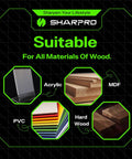 Infographic showing materials suitable for woodworking: acrylic, MDF, PVC, hardwood. Brand logo and slogan included.