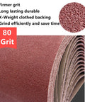Close-up of Sanding Belt 4 By 36 Inch 80 Grit For Belt Sander, highlighting firm grit and X-weight backing.