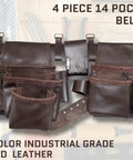 Brown leather 13 Pocket Framers Tool Belt Set with 4 pc leather pouch kit, 2 inch heavy duty belt and hammer holder, industrial grade.
