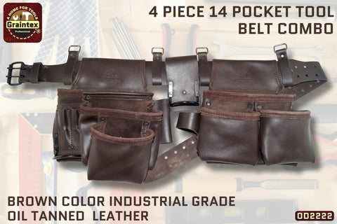 Brown leather 13 Pocket Framers Tool Belt Set with 4 pc leather pouch kit, 2 inch heavy duty belt and hammer holder, industrial grade.