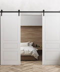 Modern Double Barn Door 84 By 96 Inches Painted White With 13 Foot Rail Track System Includes Hangers Floor Guide Anti Jump Pins Door Stops And All Sliding Hardware