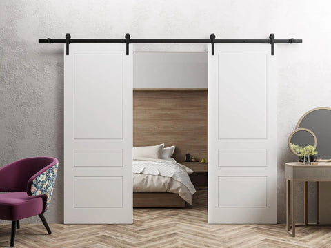 Modern Double Barn Door 84 By 96 Inches Painted White With 13 Foot Rail Track System Includes Hangers Floor Guide Anti Jump Pins Door Stops And All Sliding Hardware