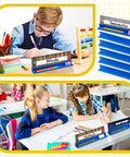 Classroom Desk Name Plate Holder And Index Card Organizer For Students with blue holders and student desk setups