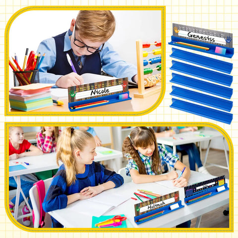 Classroom Desk Name Plate Holder And Index Card Organizer For Students with blue holders and student desk setups