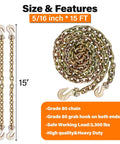 Heavy Duty G80 Chain Binder Kit 5/16 To 3/8 Inch With 4 Piece 15 Ft Chains, Ratchet Load Binder And Clevis Grab Hook, 5400 Lbs Working