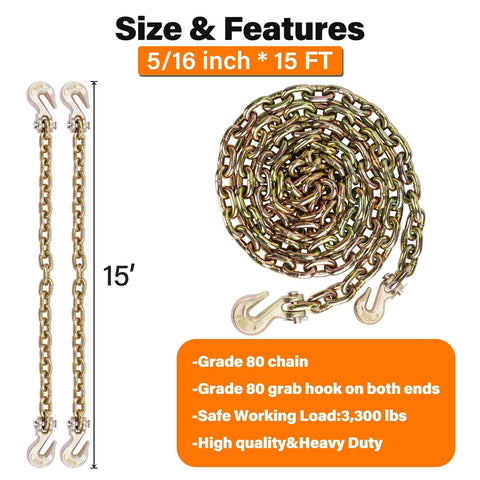 Heavy Duty G80 Chain Binder Kit 5/16 To 3/8 Inch With 4 Piece 15 Ft Chains, Ratchet Load Binder And Clevis Grab Hook, 5400 Lbs Working