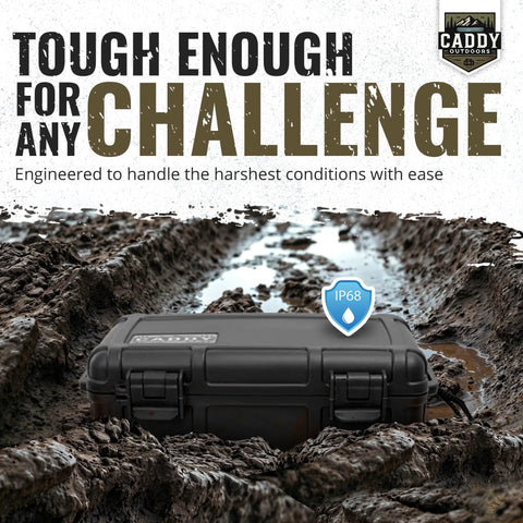Rugged Waterproof Case With Airtight Gasket Seal And Foam Interior shown on muddy terrain, showcasing durability and protection.