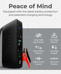 All In One Bolt Air 58830 Portable Car Jump Starter With 100 PSI Air Compressor, showing safety features and technology details