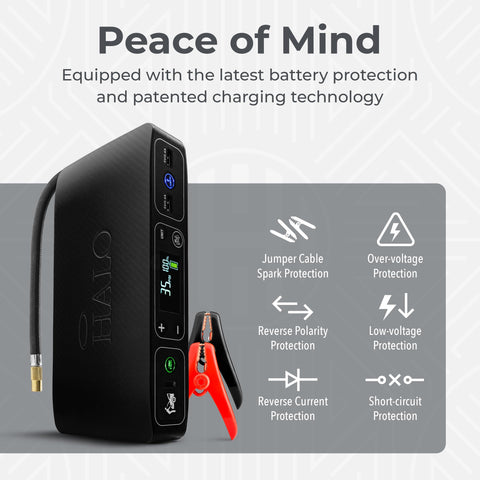All In One Bolt Air 58830 Portable Car Jump Starter With 100 PSI Air Compressor, showing safety features and technology details