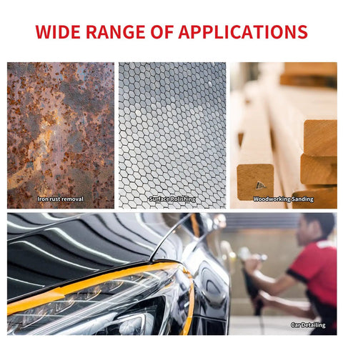 Image of pneumatic palm sander applications including iron rust removal, surface polishing, woodworking sanding, and car detailing.