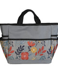 Floral Garden Tool Tote Organizer Bag with 8 roomy pockets, durable 600D Oxford exterior, reinforced bottom, easy carry handle.