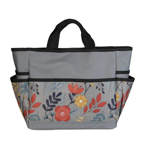 Floral Garden Tool Tote Organizer Bag with 8 roomy pockets, durable 600D Oxford exterior, reinforced bottom, easy carry handle.