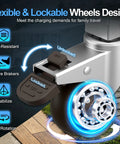 Close-up of flexible and lockable wheel design on Total Game Changer Off Grid Solar Kit for easy mobility and stability.