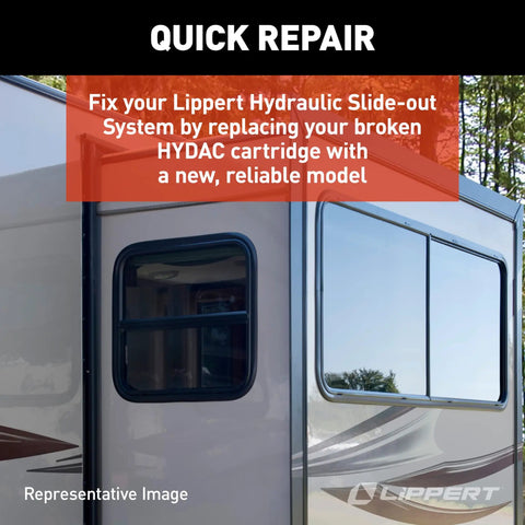 Side view of RV featuring hydraulic slide-out system compatibility with HYDAC Cartridge Valve Assembly And 12-Volt Spade-Style Coil Replacement Kit