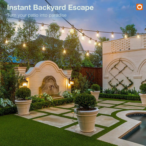 Backyard with 100Ft Outdoor LED String Lights With Remote Dimming Timer And 3 Modes 32 Shatterproof Edison Bulbs Waterproof Connectable