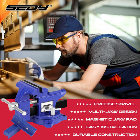 Heavy Duty Four And A Half Inch Tough As Nails Bench Vise With Multi Jaw Design For Woodworking And Metalworking Clamps Flat Or Round Materials On A Workbench Or Table Clamp For Welding Drilling Milling And More shown with worker in workshop.