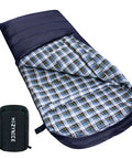 Ultra Roomy Adult Sleeping Bag For Cold Weather Navy Blue With Right Zip 0F Extreme Temperature 30F Comfort 15F Lower Limit XL XXL Plus Size Flannel Lining Anti Snag Zippers Ventilation At Top Or Bottom Ideal For 3 Season Camping with plaid flannel lining visible.