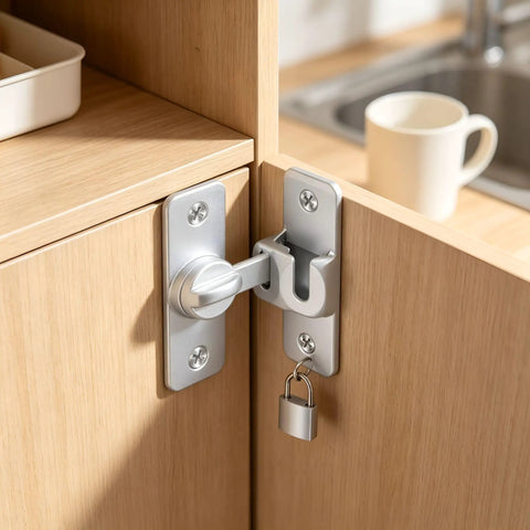 Close-up of Two Pack Aluminum Barn Door Lock Hasp With Built In Padlock Hole Rust Resistant Gate Latch For Outdoor Sheds And Garages.