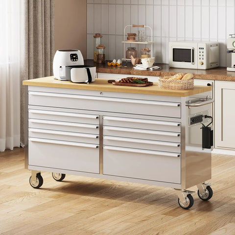 61 Inch Heavy Duty Rolling Tool Chest With 9 Drawers, Mobile Workbench, Rubber Wood Top, Four Wheels, Steel Storage Cabinet For Garage And Workshop, Warehouse, Silver Finish, Built To Last And A Real Workhorse For Any Job in kitchen setting
