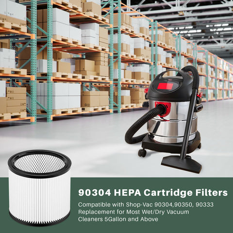 Reusable Wet Dry Vacuum Filter Replacement For Shop Vac 90304 90333 90350 and Other 5 Gallon And Up Vacs next to vacuum cleaner in warehouse
