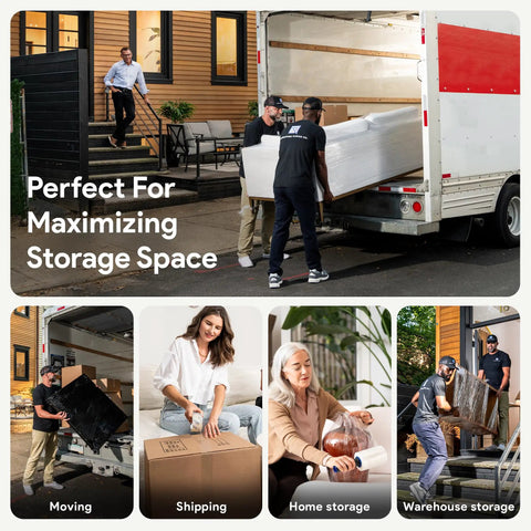 Men load moving truck with 70 Gauge 15 Inch Plastic Stretch Film With Extended Handles 1000 Ft Clear Moving Industrial Packing