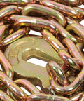 Close-up of Heavy Duty Ratchet Chain Binder With Five Sixteenths Inch Chain 20 Foot Length 7100 Lbs Working Load Limit 28400 Lbs Breaking Strength G80 steel tie down with rotating forged hook.
