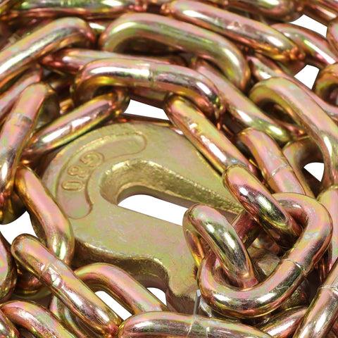Close-up of Heavy Duty Ratchet Chain Binder With Five Sixteenths Inch Chain 20 Foot Length 7100 Lbs Working Load Limit 28400 Lbs Breaking Strength G80 steel tie down with rotating forged hook.