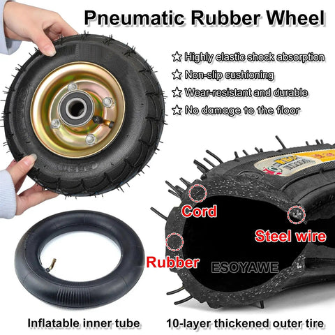 Set Of Four Heavy Duty Industrial Pneumatic Caster Wheels With Brakes Double Ball Bearing Swivel Casters Featuring Thick Shock Absorbing Rubber Tires, showing pneumatic wheel details.