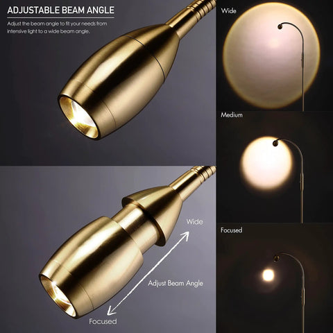 Boss Adjustable LED Floor Lamp With Dimmable Zoomable Spotlight Flexible Gooseneck For Reading And Crafting At Home Office From Wide To Focused Beam Antique Brass Finish showing adjustable beam angles.
