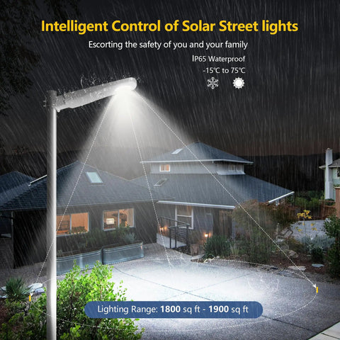 Solar Street Light Outdoor Motion Sensor With Remote Control Dusk To Dawn LED Yard Lighting illuminating a driveway at night