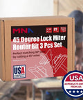 Packaging of 45 Degree Lock Miter Router Bit Set, 3-Piece, For 1/2, 5/8, 3/4 Inch Cutting Height, 1/4 Inch Shank, USA shipped product.