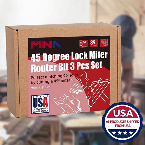 Packaging of 45 Degree Lock Miter Router Bit Set, 3-Piece, For 1/2, 5/8, 3/4 Inch Cutting Height, 1/4 Inch Shank, USA shipped product.