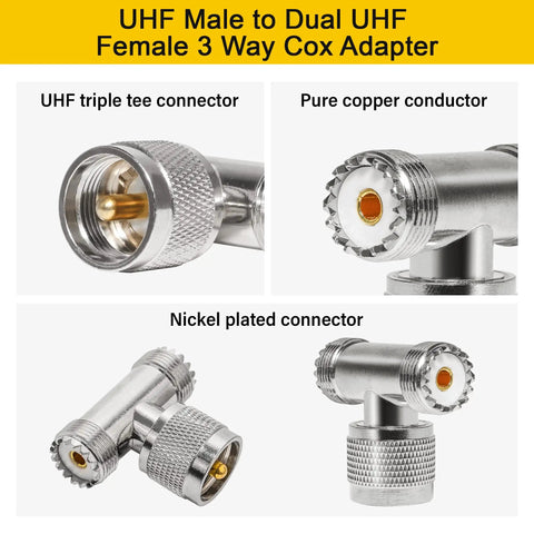 UHF Male To Dual UHF Female 3 Way Pro Grade Splitter Coax Adapter PL259 To SO239, pure copper and nickel plated