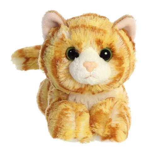 Real Deal Mini Flopsie Ginger Cat Eight Inch Stuffed Animal Plush with vibrant stripes, perfect for lounging or relaxing.