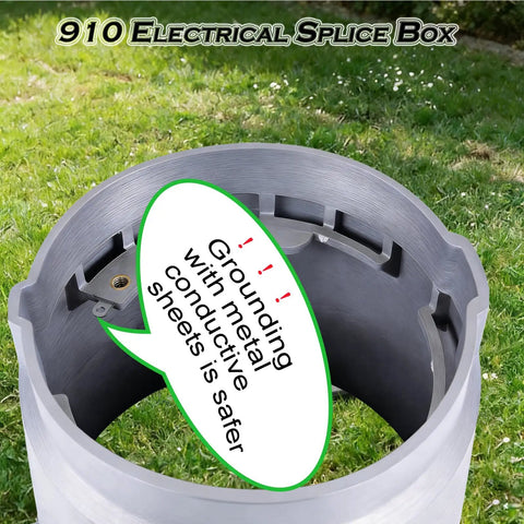 Hella Durable Ten Inch Underground Electrical Junction Box With Easy Remove Lid For Outdoor Wire Splices and In Ground Circuit Connections Built Tough Solid Polyethylene visible in a grassy setting.