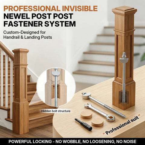 Heavy Duty Hidden Newel Post Mounting Kit With Rail Bolt Wrench And Rock Solid Base Plate Hardware For Wooden Stair Railing Deck Balusters No Fuss Setup with hidden bolt structure.