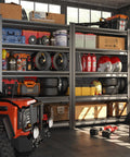 Beefy Heavy-Duty Metal Shelving Unit, 5-Tier Adjustable Garage Storage Rack filled with garage tools and storage boxes.