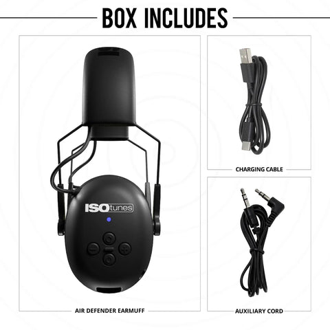 Noise Isolating Bluetooth Earmuffs For Worksite, Boss Level Comfort, accessories include charging cable and auxiliary cord
