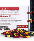 Top Shelf Red Server Rack Screws For 19 Inch Square Punched Rails, No Sweat Front Load Rack Studs, Easy Cage Nut Swap Hardware, Dependable Data Center Kit 400 Pack with assorted rack studs and packaging.