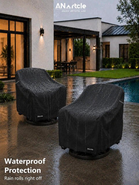 Beefy All Weather Swivel Patio Chair Covers 2 Pack Waterproof Outdoor Furniture Covers For Rain Snow And Sun Protection, Fits 30 W X 34 D X 38.5 H Inch Swivel Chairs, Black, shown covering two chairs in a rainy setting.