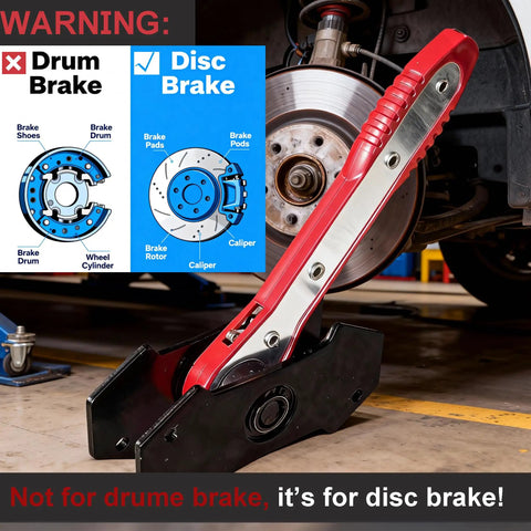 Brake Caliper Spreader Tool Kit With 360 Degree Swing Ratchet Piston Press Spreader Caliper Hooks And Two Steel Plates Red Heavy Duty Pro Grade Auto Brake Repair Tool For Maintenance And DIY shown in use with disc brake system