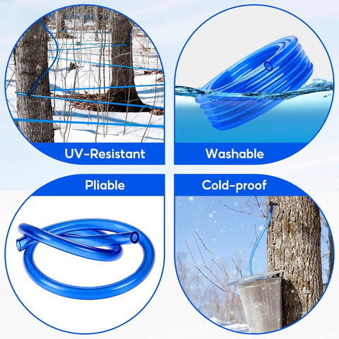 Easy Flow 33 Feet Maple Syrup Tubing Set, 5 16 Inch Vacuum Silicone Sap Line for Maple Trees, shown in various environments.