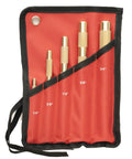 5-piece brass punch set in red carrying case; sizes 1/4, 3/8, 1/2, 5/8, 3/4 inches.