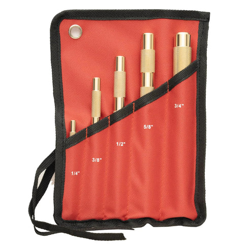 5-piece brass punch set in red carrying case; sizes 1/4, 3/8, 1/2, 5/8, 3/4 inches.