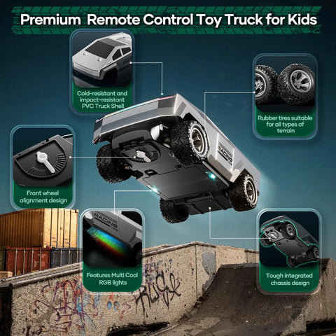 All Terrain 1/24 Scale Remote Control Pickup RC Truck With 2.4GHz Radio 2WD Off Road Beast Toy, silver, PVC body, underside view