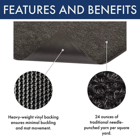 Polynib Indoor Entryway Mat 3 X 6 Feet Charcoal with features of vinyl backing and needle-punched yarn, highlighting benefits.