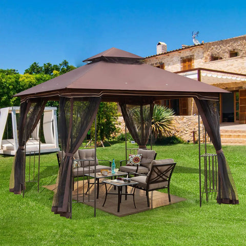 Heavy Duty Outdoor 10x10 Gazebo With Double Roofs, Metal Corner Frame Shelves, And Mosquito Netting on a grassy backyard
