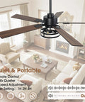 52 Inch Premium Farmhouse Ceiling Fan With Warm Ambient Glow Reversible Dual Finish Blades mounted in a cozy living room setting.