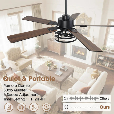 52 Inch Premium Farmhouse Ceiling Fan With Warm Ambient Glow Reversible Dual Finish Blades mounted in a cozy living room setting.