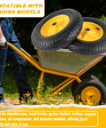 Beefy 16 Inch Pneumatic Wheelbarrow Tire And Wheel Set With 4.80/4.00-8 Size resting on a wheelbarrow, ready for installation